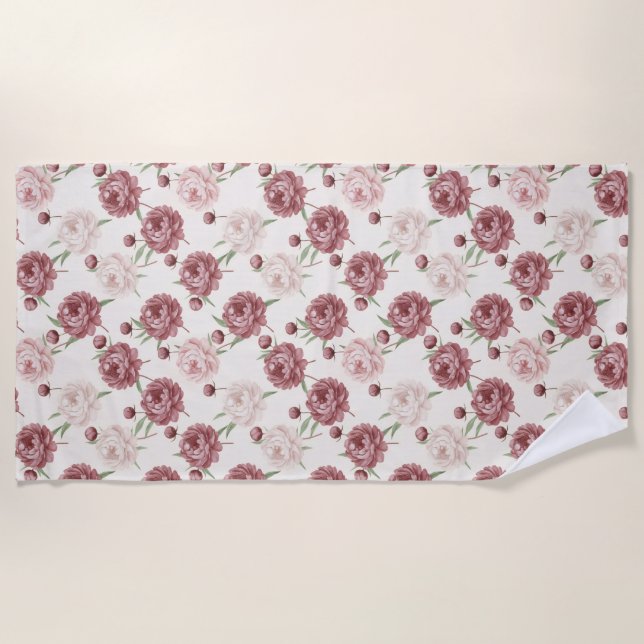 Toalla De Playa Romantic Blush & Burgundy Peony Floral Pattern (Anverso)