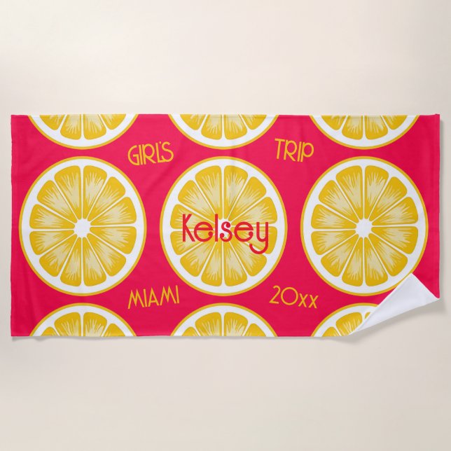 Toalla de playa rosa amarilla rodaja de limón para (Anverso)