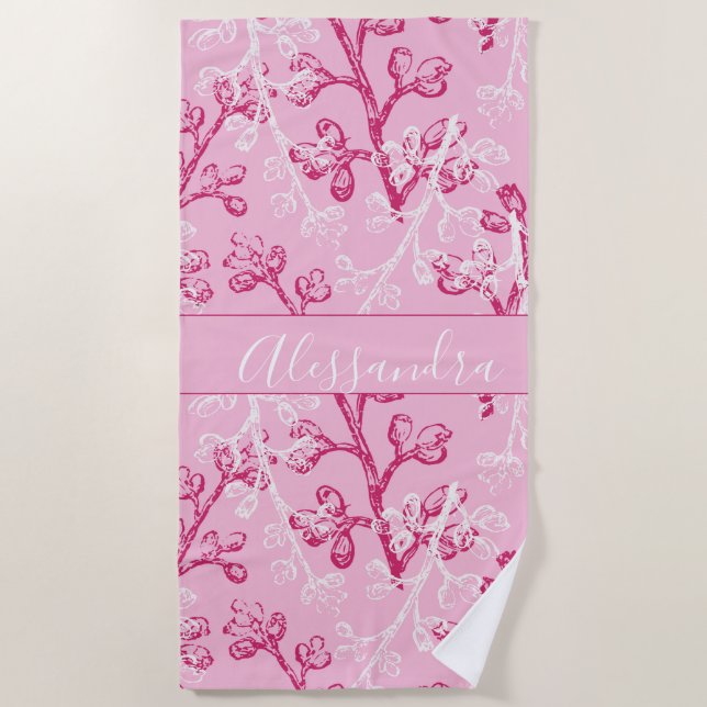 Toalla De Playa rosa botánico personalizado (Anverso)