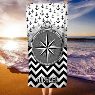 Toalla De Playa Rosa de la Brújula Náutica Anclas Negro Blanco Che