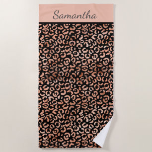 Toalla De Playa Rosa de Oro con Estampado de Leopardo Negro Nombre