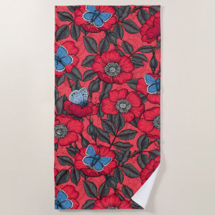 Toalla De Playa Rosa de perro y mariposas en rojo y azul