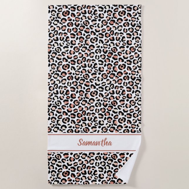 Toalla De Playa Rosa Dorado Estampado Personalizado de Leopardo (Anverso)
