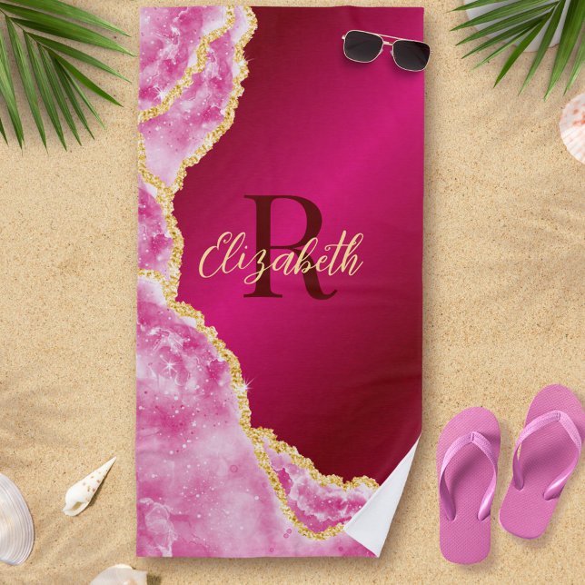 Toalla De Playa Rosa Elegante Girly Monogramado Nombre personaliza (Subido por el creador)