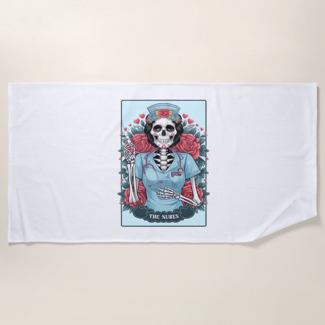 Toalla De Playa Rosa floral Skeleton Enfermera Tarot Card Hallowee (Anverso)