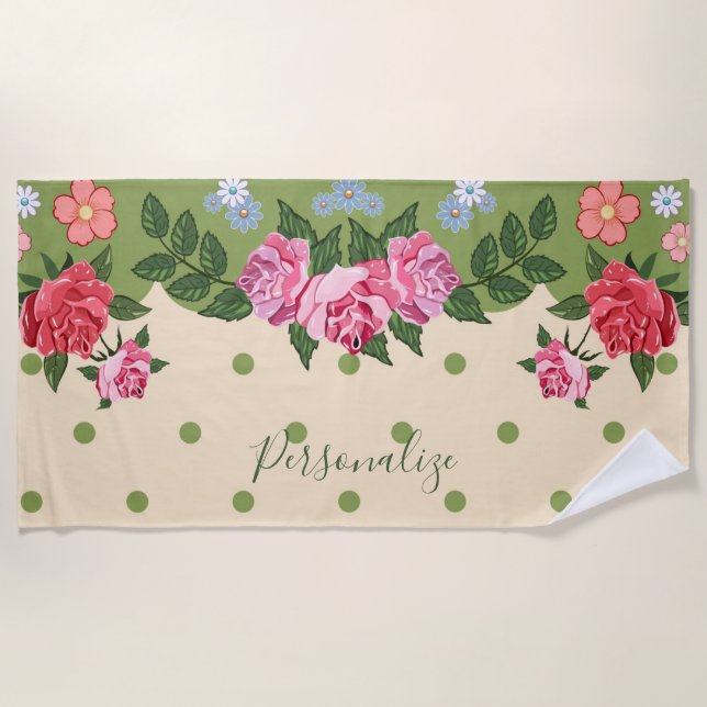 Toalla De Playa Rosa Jardín Rojo Rosa Verde Floral personalizada (Anverso)