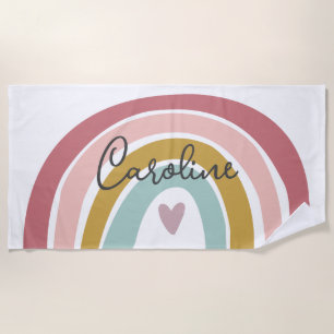 Toalla de playa Rosa Pastel Boho Rainbow Name