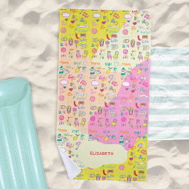 Toalla De Playa Rosa Pastel Femenino Kawaii Doodle