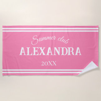 Toalla De Playa  Rosa Preppy con Franja Blanca Nombre Personalizad