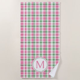 Toalla De Playa Rosa Preppy y Plaid Monograma Verde