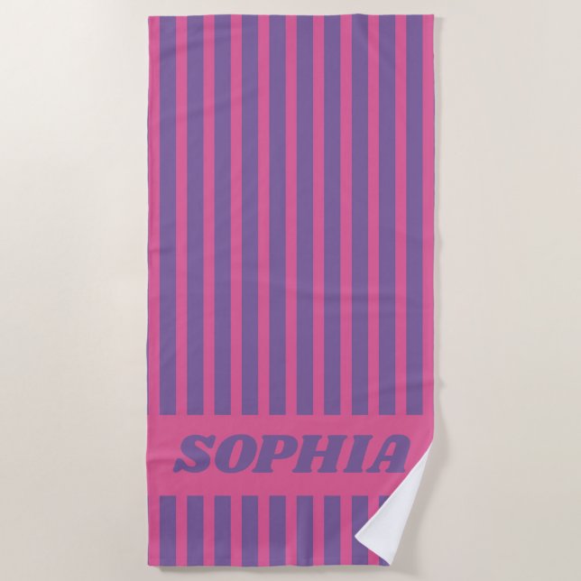 Toalla De Playa Rosa rayada personalizada de verano moderna (Anverso)
