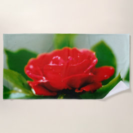 Toalla De Playa Rosa roja matutina cubierta de rocío