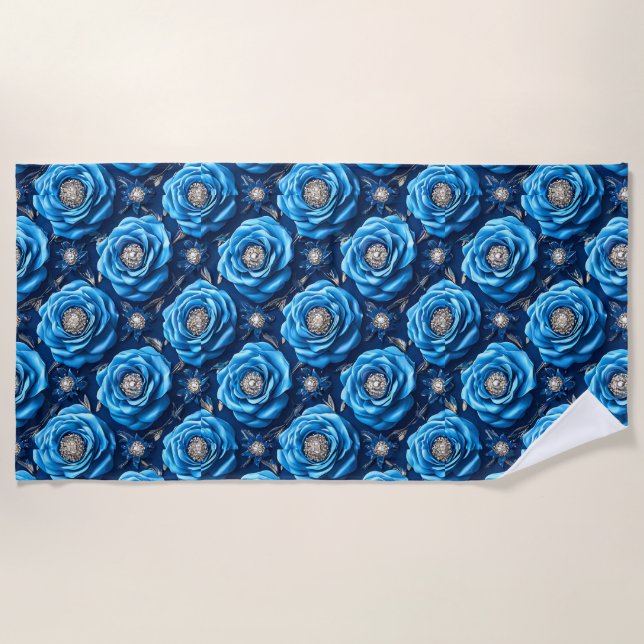 Toalla De Playa Rosas azules Diseño nocturno de flores de lujo (Anverso)
