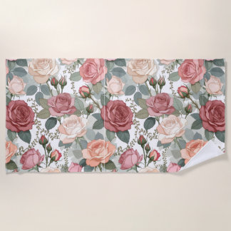 Toalla De Playa Rosas Suaves & Follaje — Elegancia Femenina Contem