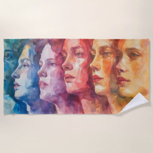 Toalla De Playa Rostros de las mujeres - Pintura de acuarela