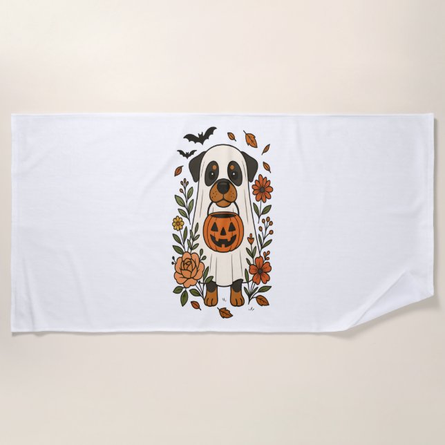 Toalla De Playa Rottweiler de Halloween con flores (Anverso)