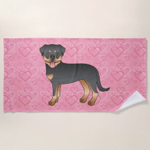 Toalla De Playa Rottweiler Negro y Caoba sobre Corazones Rosas