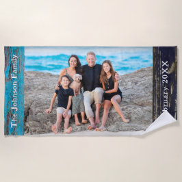 Toalla De Playa Rustic Blue Wood Family Name Photo
