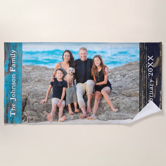 Toalla De Playa Rustic Blue Wood Family Name Photo (Anverso)
