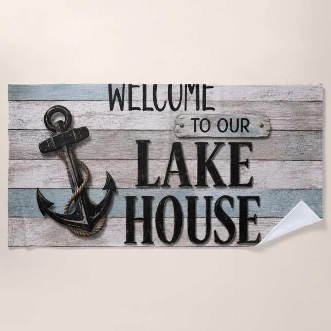 Toalla De Playa Rustic Lake House Anchor Nautical Coastal  (Anverso)