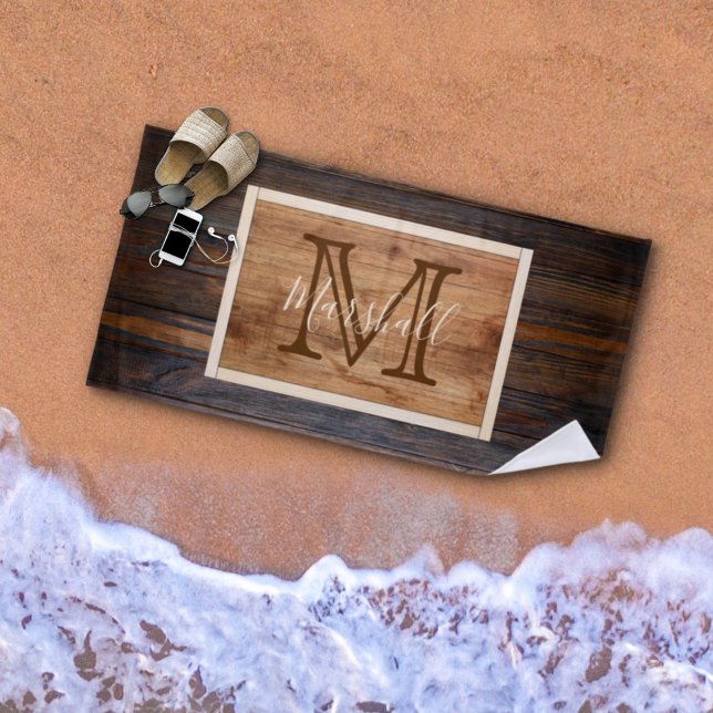 Toalla De Playa Rustic Wood Tone Monogram Rectangle (Subido por el creador)