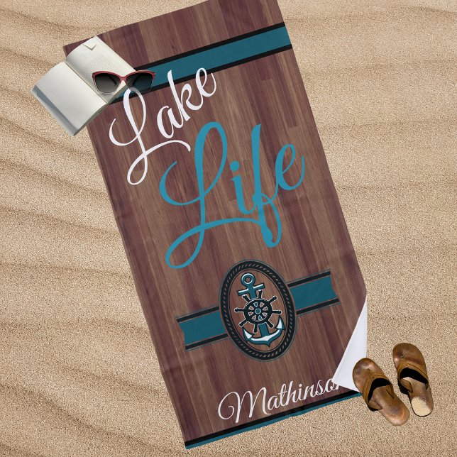 Toalla De Playa Rutic Wood Verde azulada Blue Lake Life monogramad (Subido por el creador)