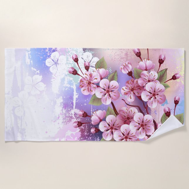 Toalla De Playa Sakura rosa sobre fondo de pintura (Anverso)