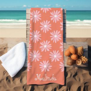 Toalla De Playa Salmon Color BOHO Daisy Pattern Nombre personaliza
