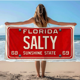 Toalla De Playa Salty 1969 | Red Retro Florida License Plate Surf