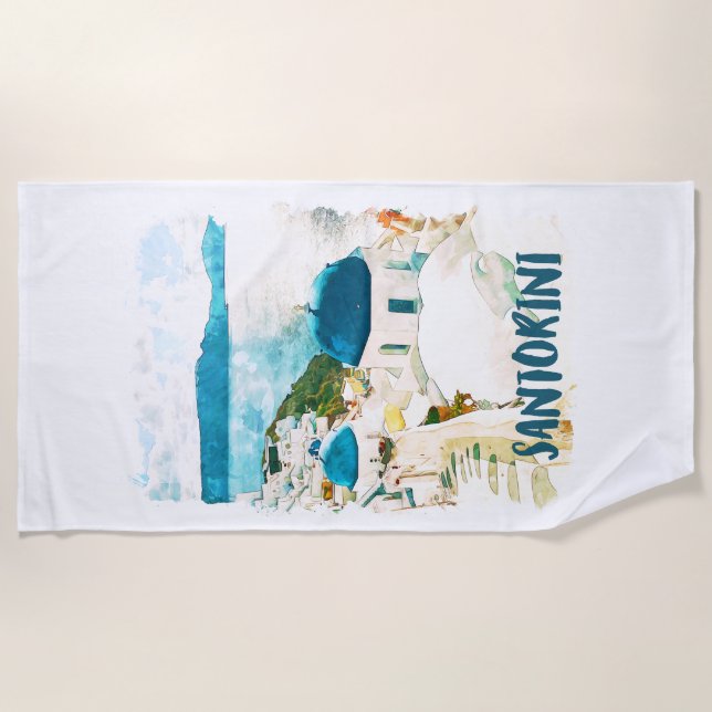 Toalla De Playa Santorini Grecia Travel Watercolor (Anverso)