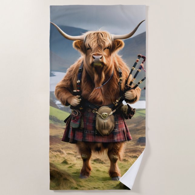 Toalla De Playa Scottish Highland Cow Bagpiper, (Anverso)