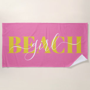 Toalla De Playa script de tipografía moderna rosa amarillo playa c