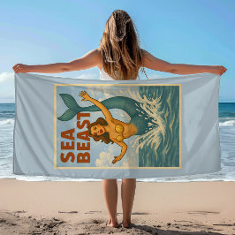 Toalla De Playa Sea Beast Retro Mermaid | Funny Coastal Beach Blue