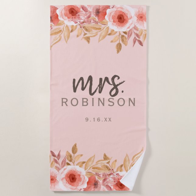 Toalla De Playa Señora Fecha Floral Acuarela (Anverso)