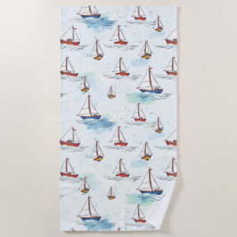 Toalla De Playa Serene Blue Red Sailing Bots on Sea Pattern