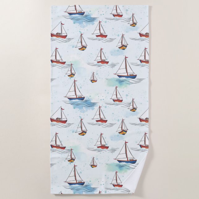 Toalla De Playa Serene Blue Red Sailing Bots on Sea Pattern (Anverso)