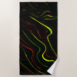 Toalla De Playa Showy green and red long wavy traces on black fund