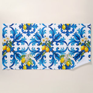 Toalla De Playa siciliano, verano, limón, mosaico, azul,