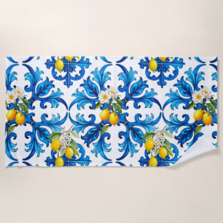 Toalla De Playa siciliano, verano, limón, mosaico, azul,
