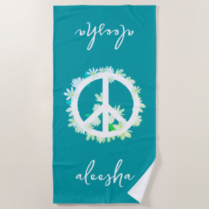 Toalla De Playa Signo de paz floral tropical seño de paz azul oceá