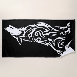 Toalla De Playa Silueta de lobo aullador tribal negro blanco