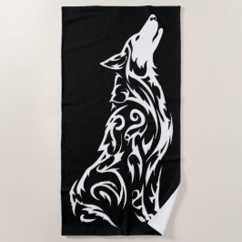 Toalla De Playa Silueta de lobo aullador tribal negro blanco