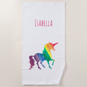Toalla De Playa Silueta del unicornio del arco iris de la acuarela