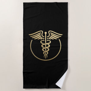 Toalla De Playa Símbolo médico del Caduceo Oro negro