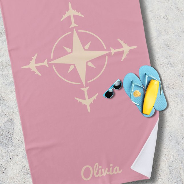 Toalla De Playa Simple Modern Compass and Airplane Travel Custom (Subido por el creador)
