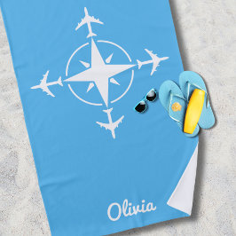 Toalla De Playa Simple Modern Compass and Airplane Travel Custom