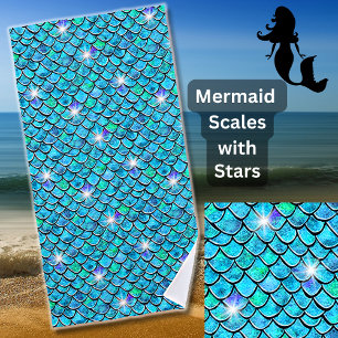 Toalla De Playa Sirena escala azul Aqua con estrellas blancas