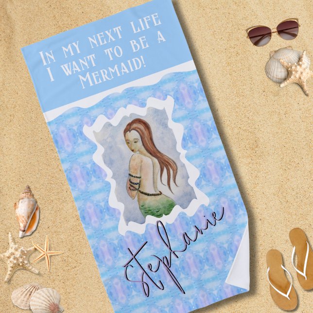 Toalla De Playa Sirena Personalizada Acuarela Boho  (Subido por el creador)