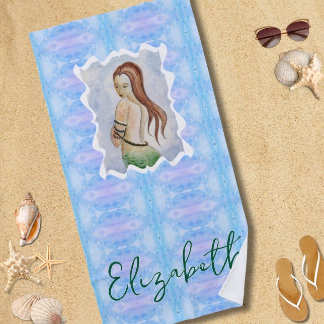 Toalla De Playa Sirena Personalizada de Acuarela Boho (Subido por el creador)