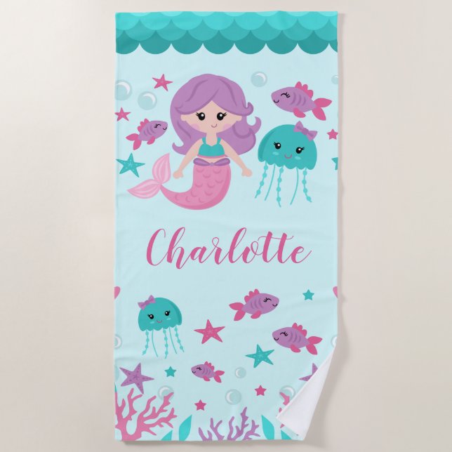 Toalla De Playa Sirena Personalizada Niña Linda (Anverso)